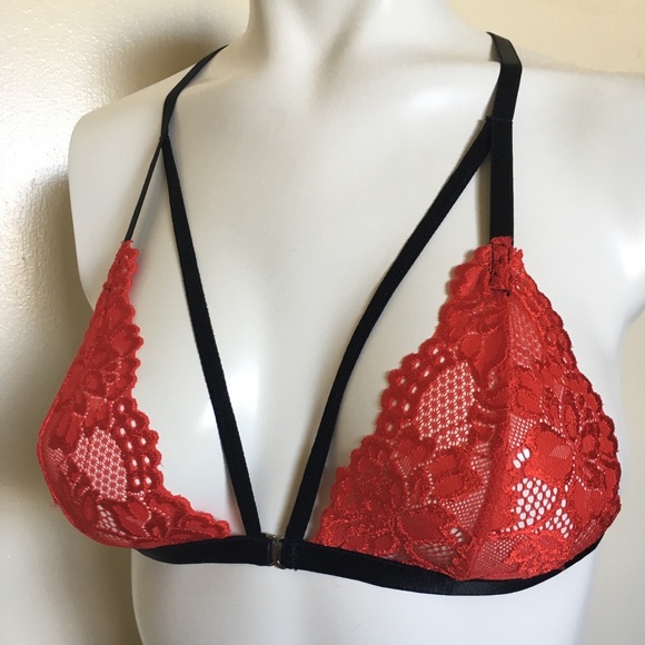 Red Strappy bralette lace front clasp handmade New - Picture 6 of 8